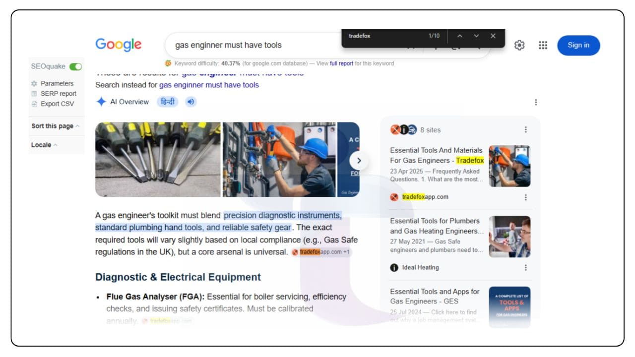 AI ranking portfolio for a gas engineer must-have tools blog in Google AI Overview