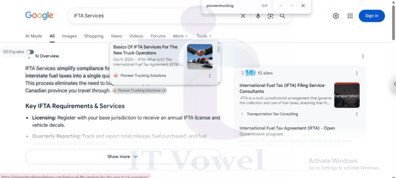 AI ranking portfolio for Pioneer Trucking Solutions IFTA services